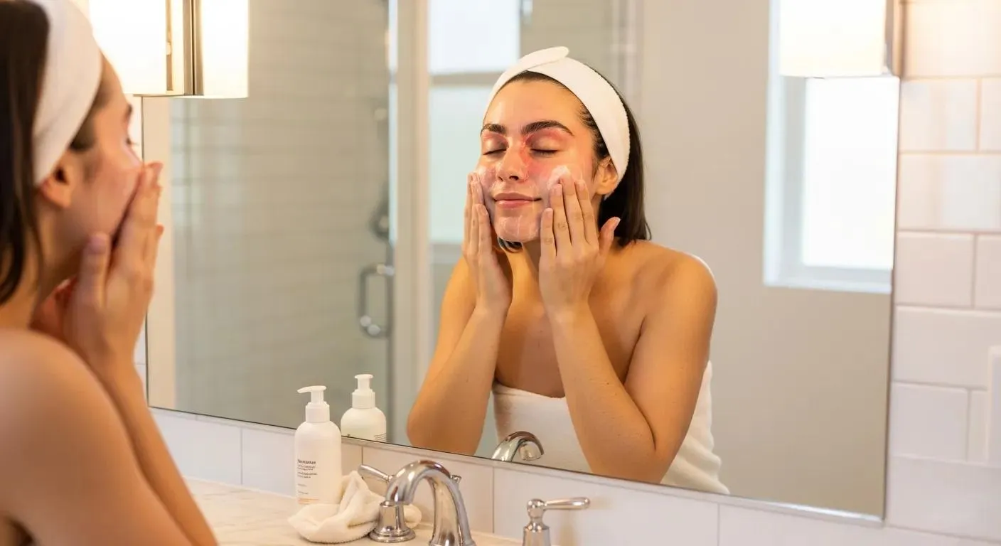 Person gently cleansing their face with a mild cleanser in a bright bathroom, post-threading care